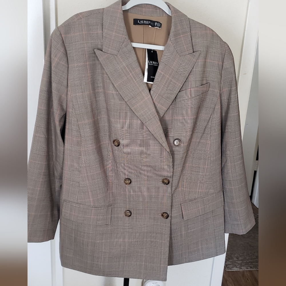 Ralph Lauren Plaid Double-Breasted Blazer in Taupe
